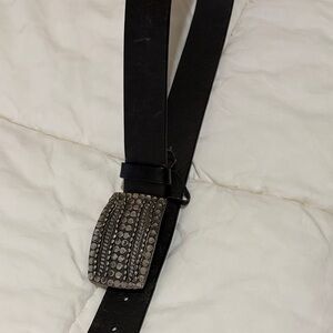 Studded Black Leather Belt with Decorative Silver Buckle